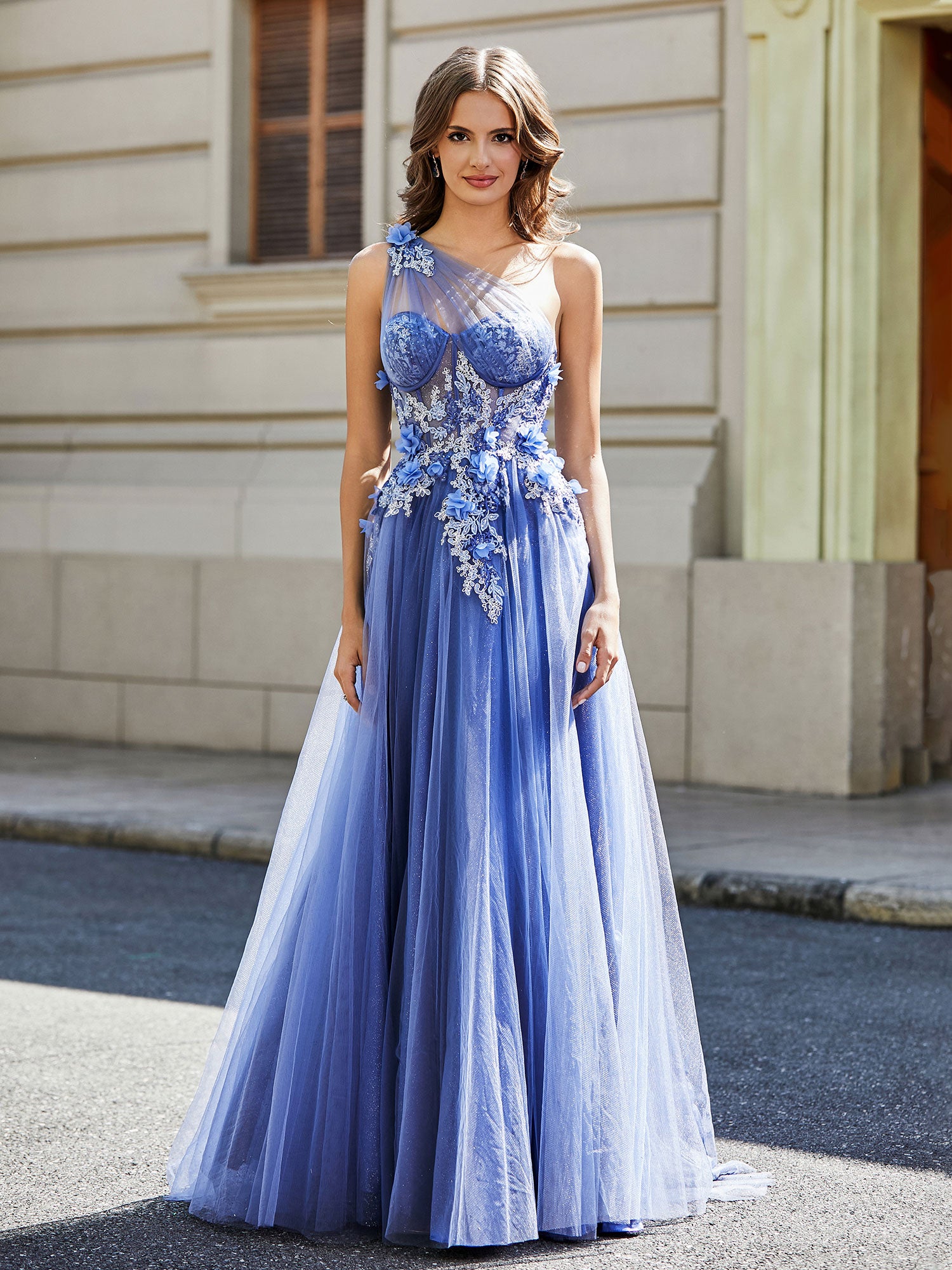 A-line One Shoulder Floor-Length Tulle Prom Dresses Stormy